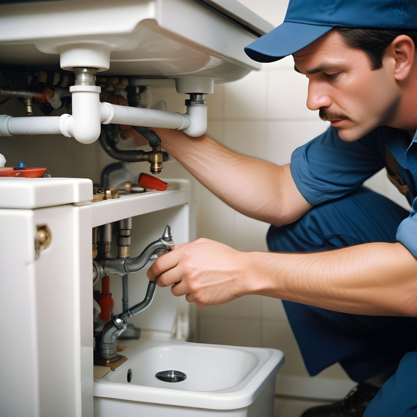 A man in a blue hat is fixing a sink