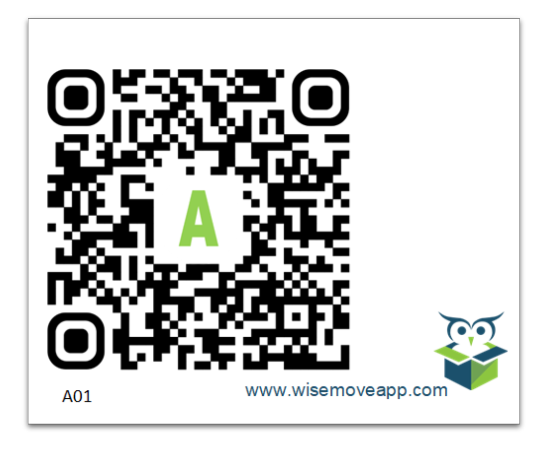 A WiseMove qr code Label with the letter A on it to define one packet of labels over another. 