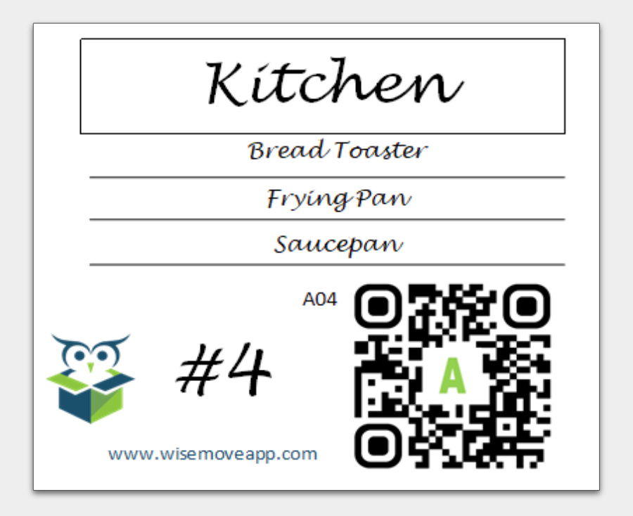 A sample kitchen Box Label with a qr code on it and Designated for WiseMove App Box #4.