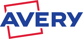 The avery logo is blue and red with a red border.