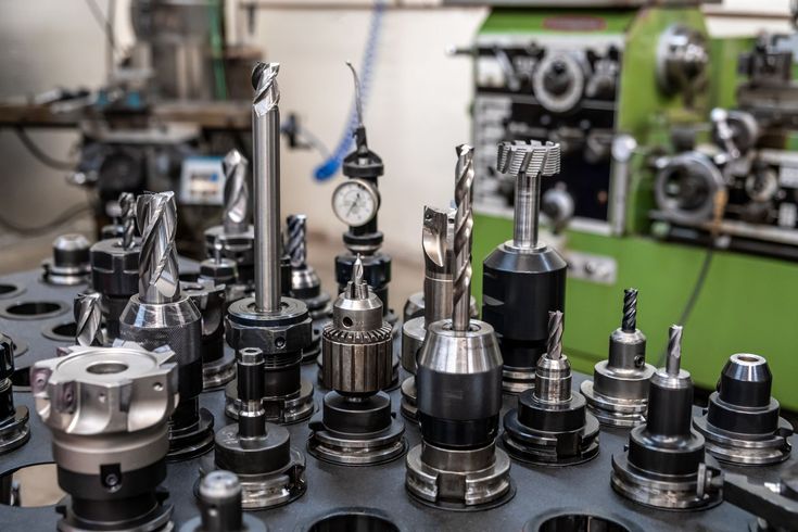 A bunch of metal tools are sitting on a table in a factory.