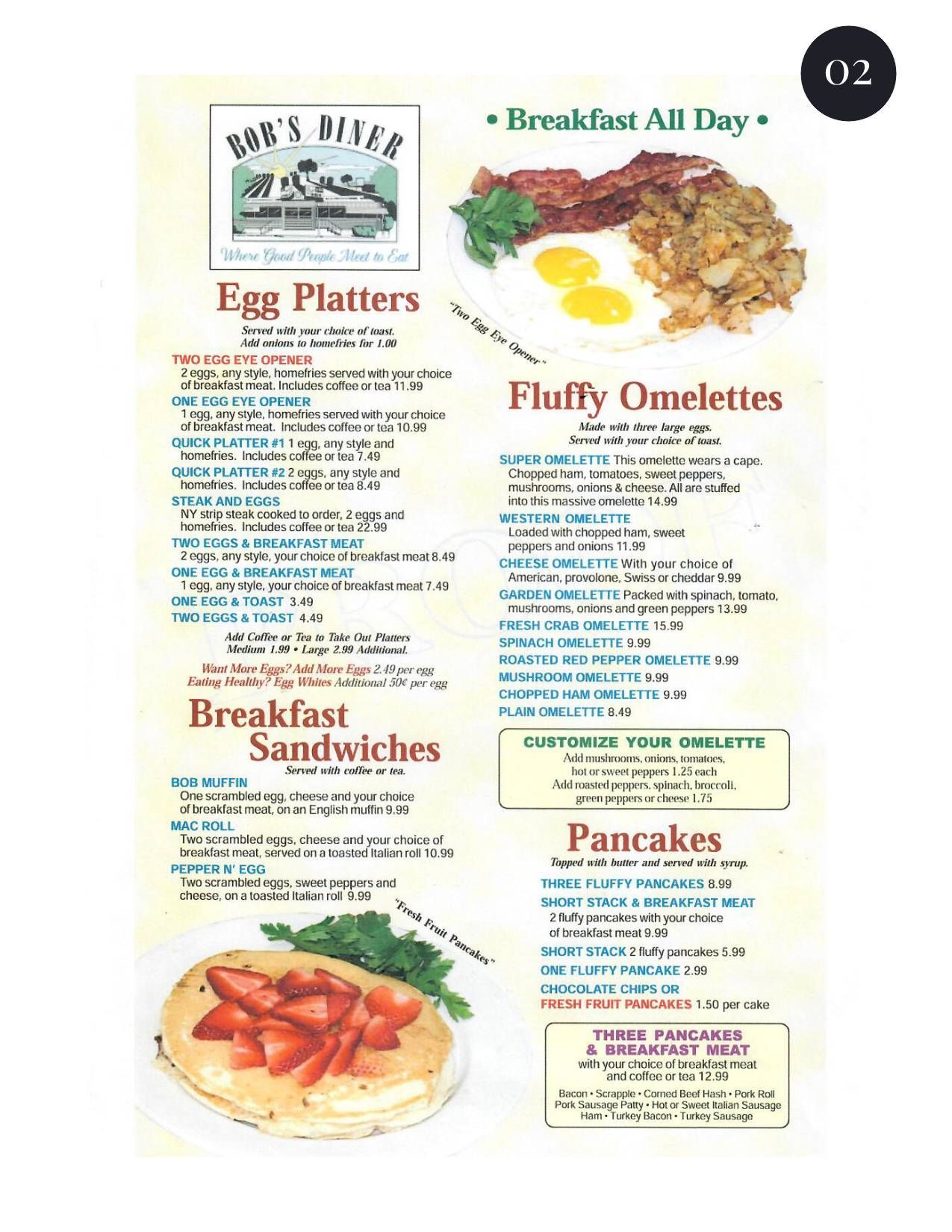 A menu for a restaurant shows breakfast sandwiches , pancakes , and egg platters.