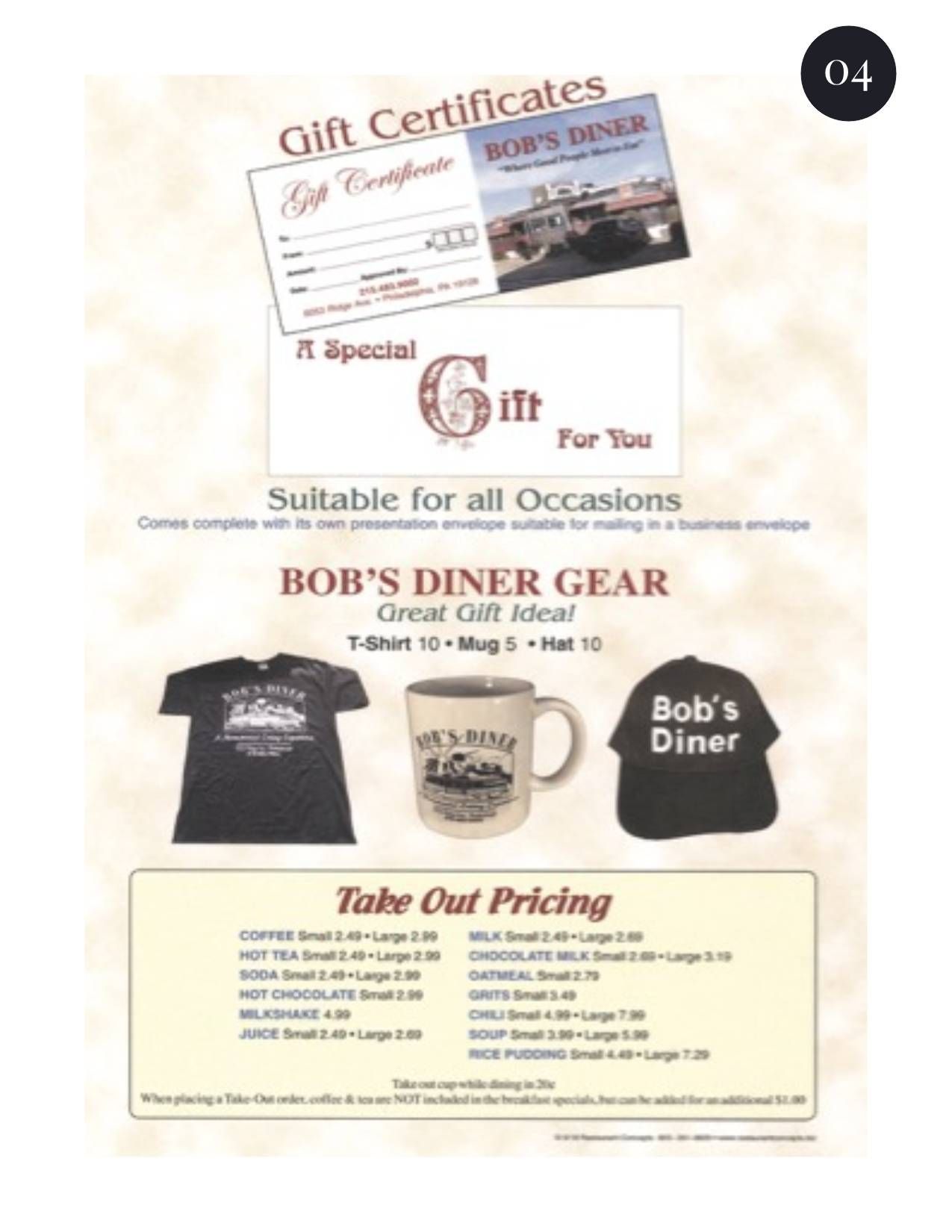 A menu for bob 's diner shows a gift certificate and a mug.