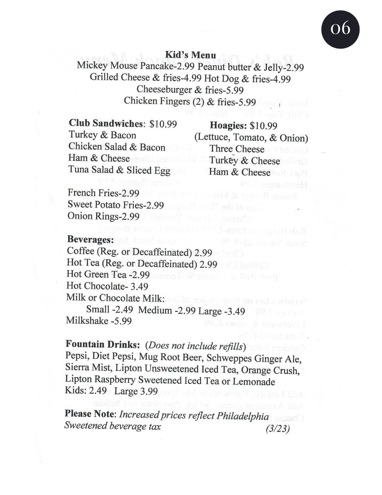 A menu for a restaurant shows a variety of food and drinks.