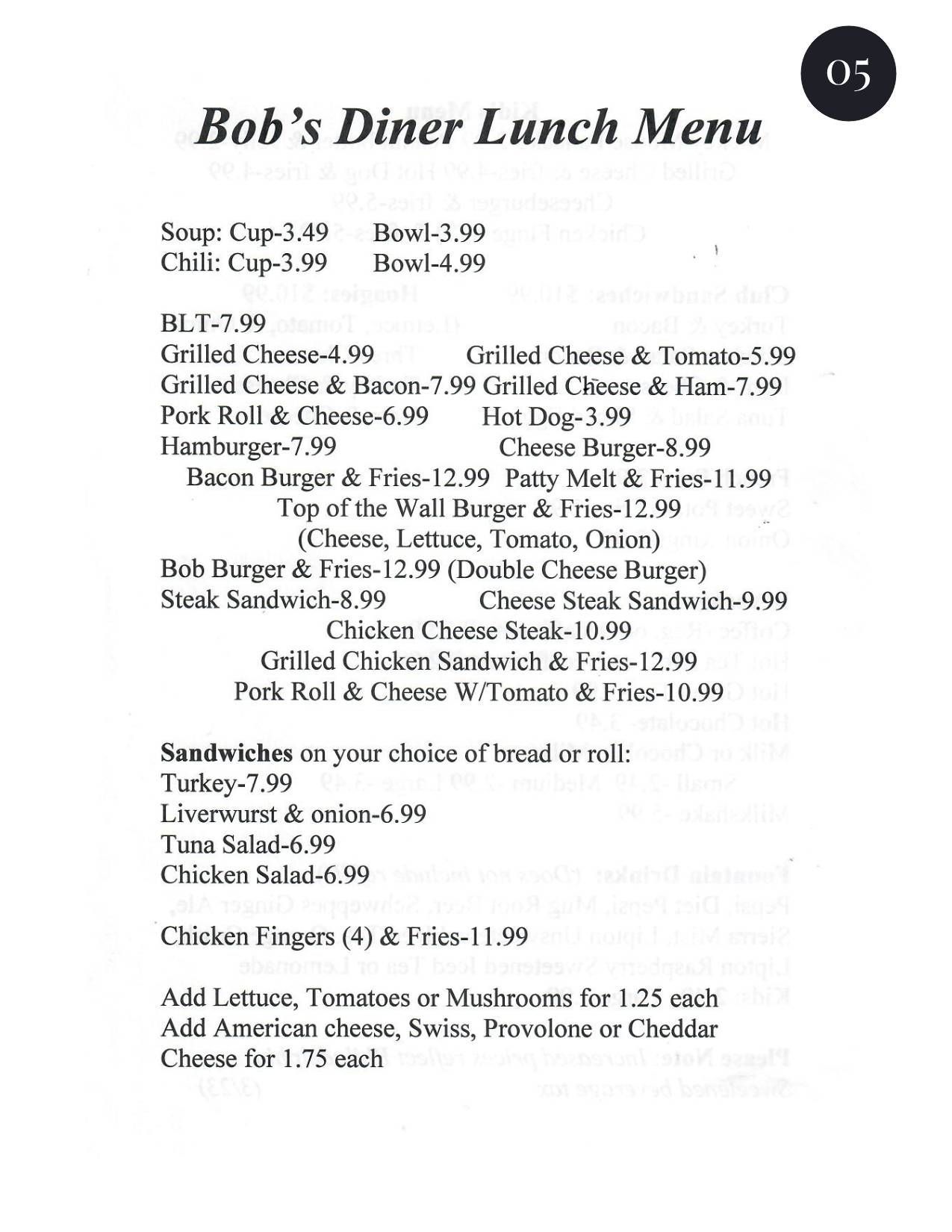 A menu for bob 's diner lunch menu.