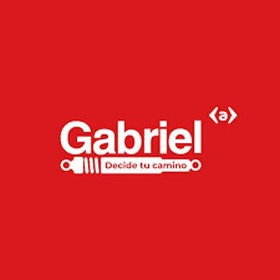 Logotipo de Gabriel con texto blanco sobre fondo rojo, que incluye un amortiguador y el lema 
