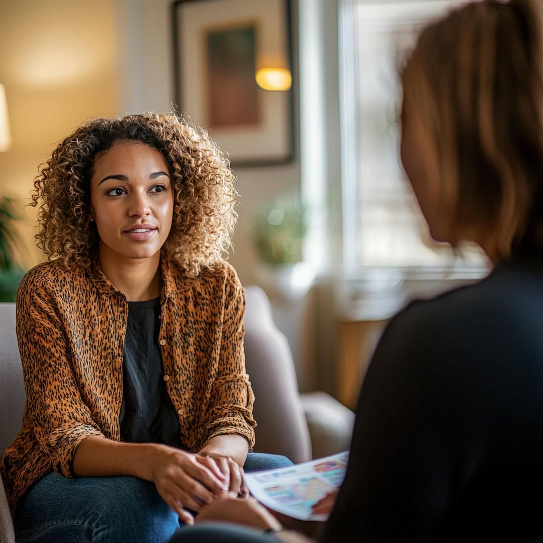 A woman is sitting on a couch talking to another woman.