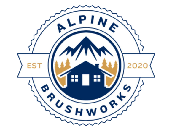 The logo for alpine brushworks shows a house and mountains