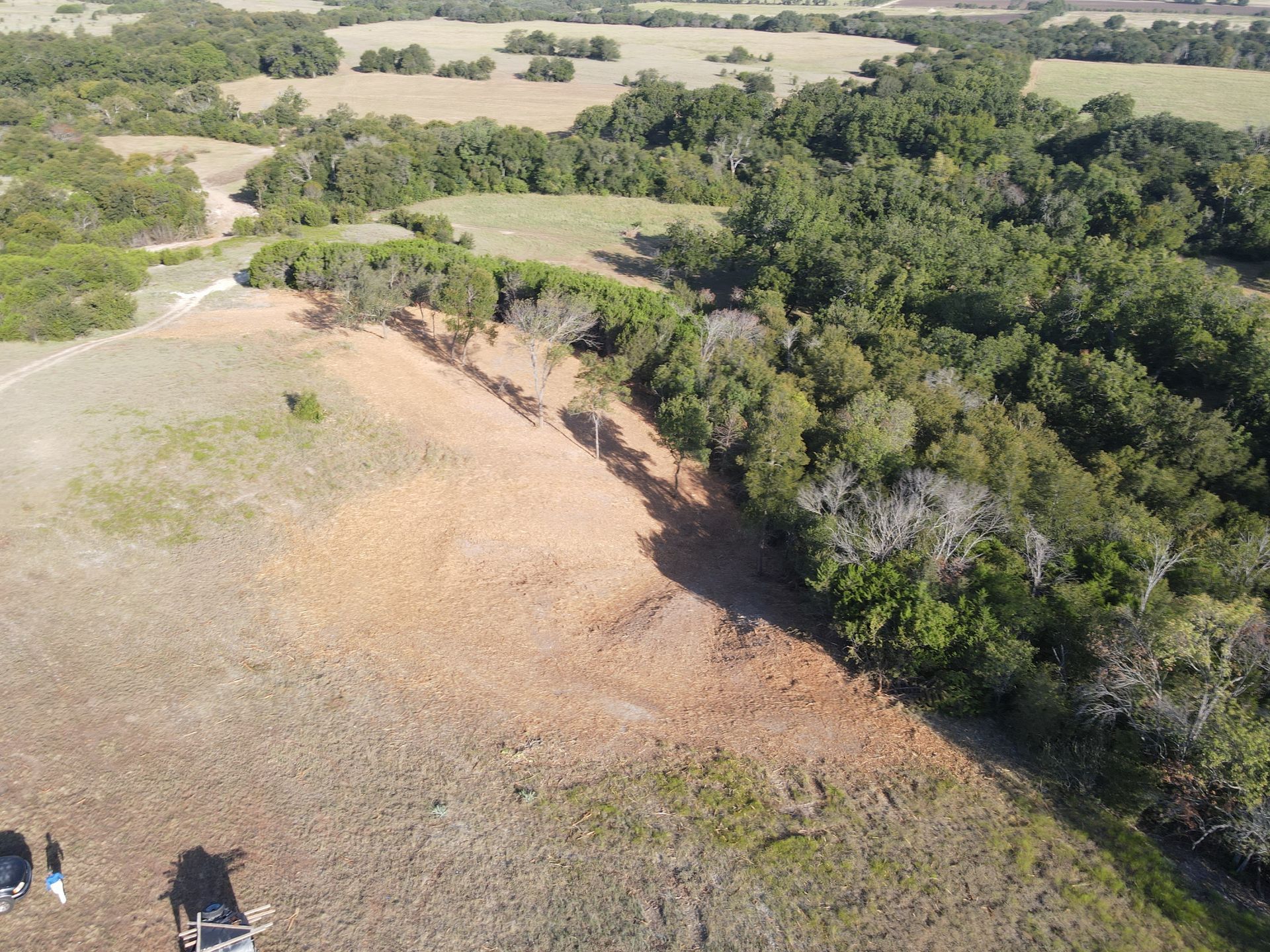 Aerial view of a brown and green landscape with trees, fields, and a dirt path.