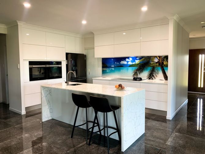 Kitchen With Decorative Splashback — Richters Joinery in Bundaberg, QLD