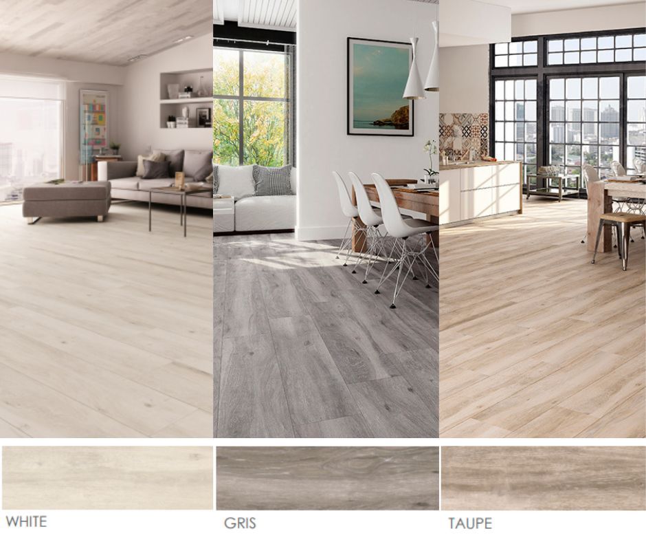 A collage of three pictures of different types of wood floors.