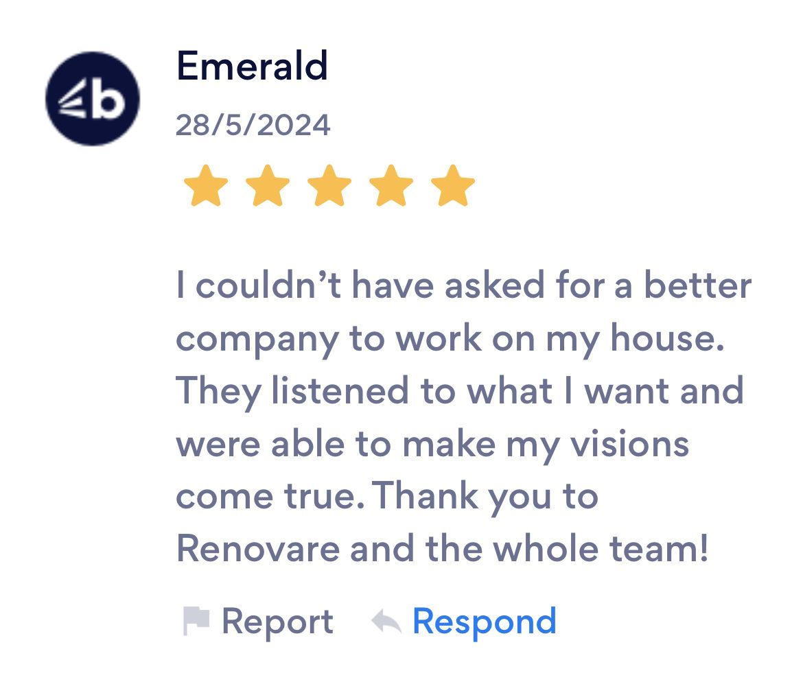 Review for Renovare: Five-star rating with text praising the company for listening and bringing visions to life.