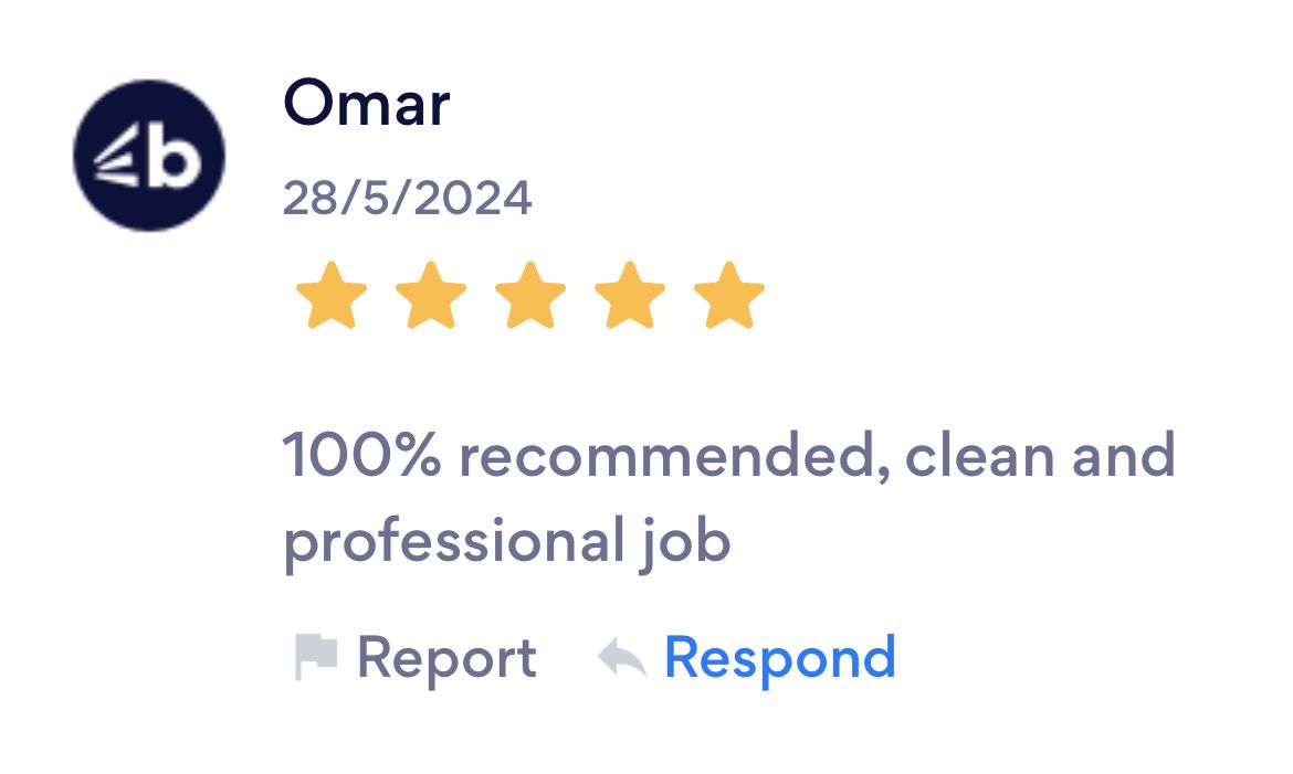 Omar's review with 5 stars, dated 28/5/2024, recommending clean and professional work.