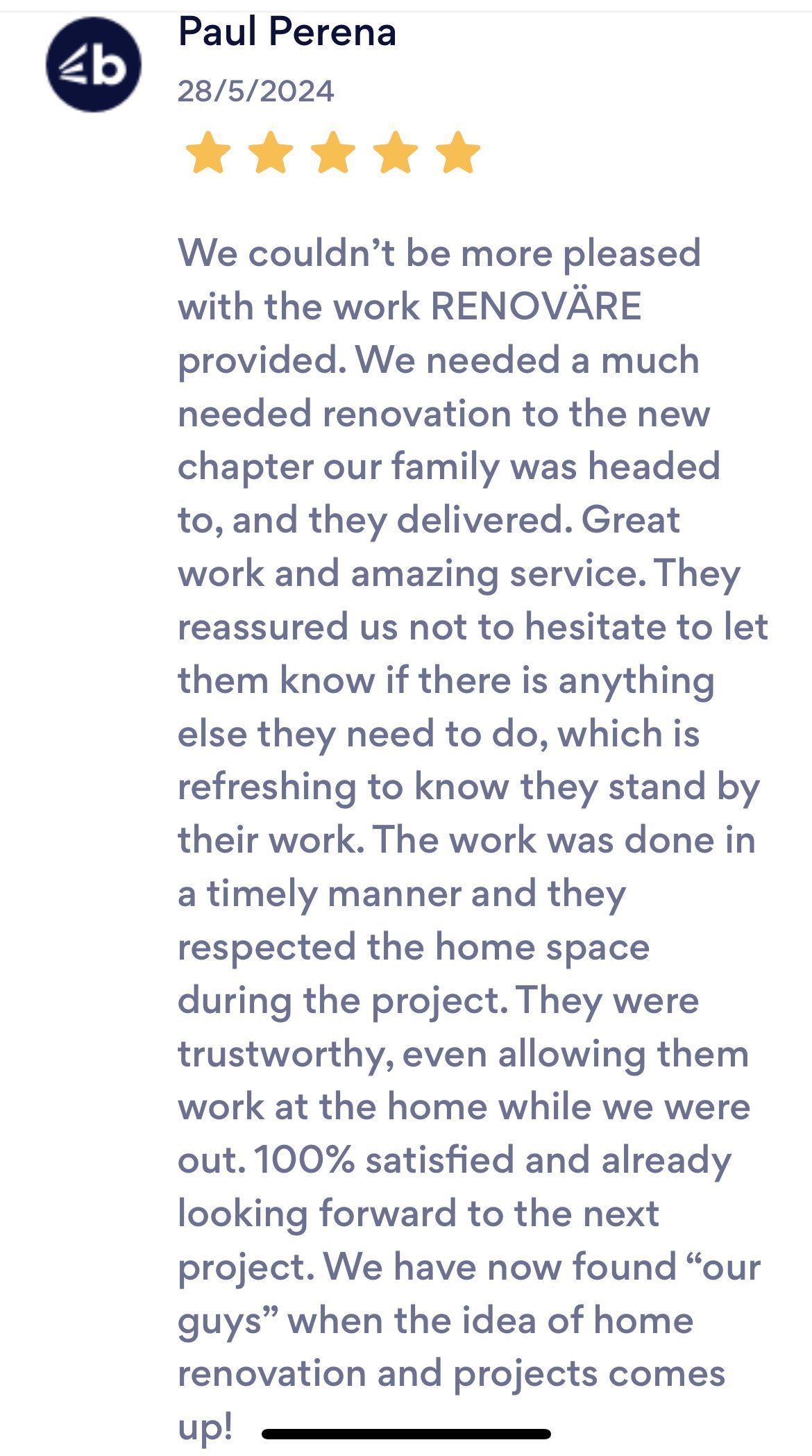 Customer review of renovation work, five stars.
