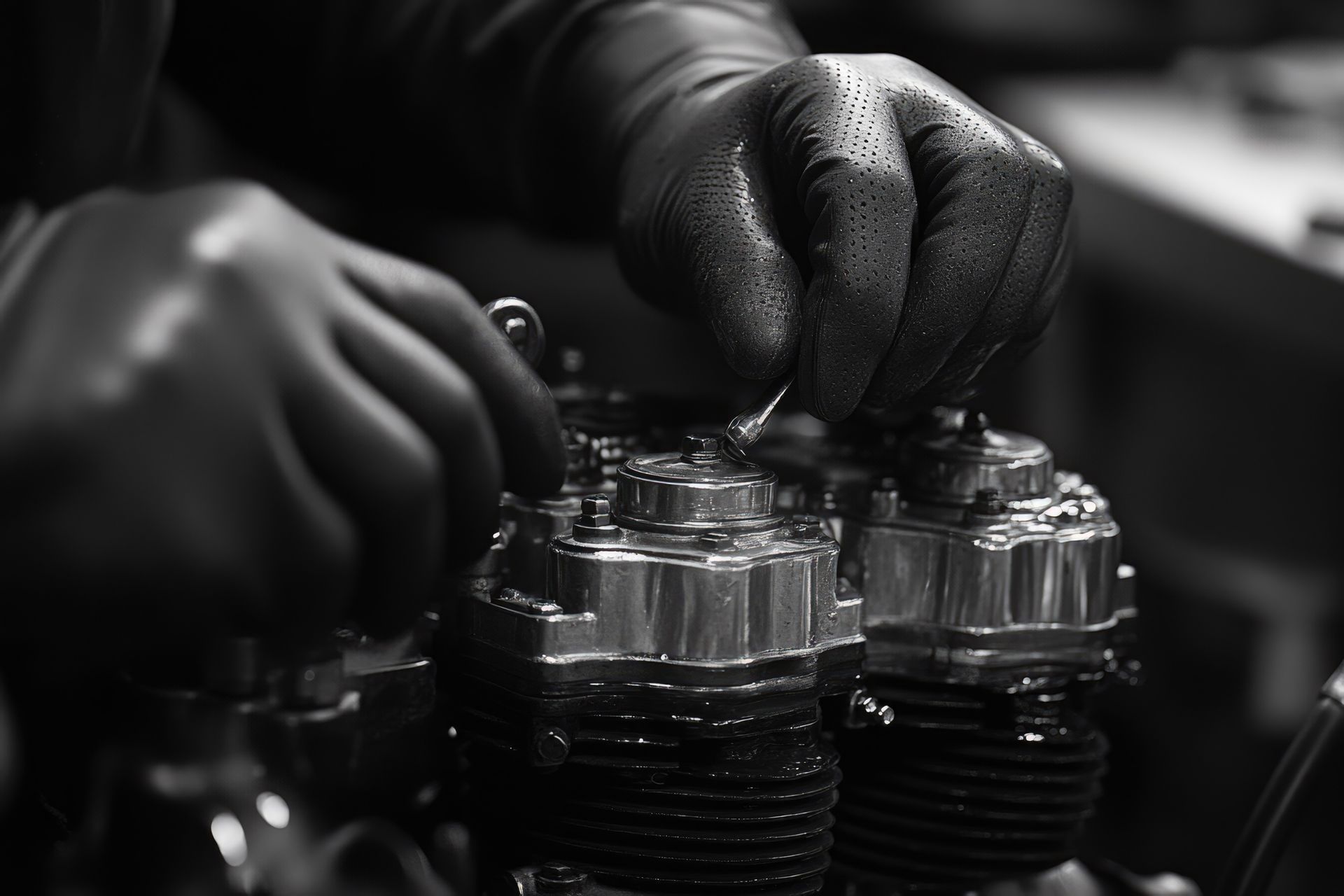 Hands in black gloves working on a shiny engine.