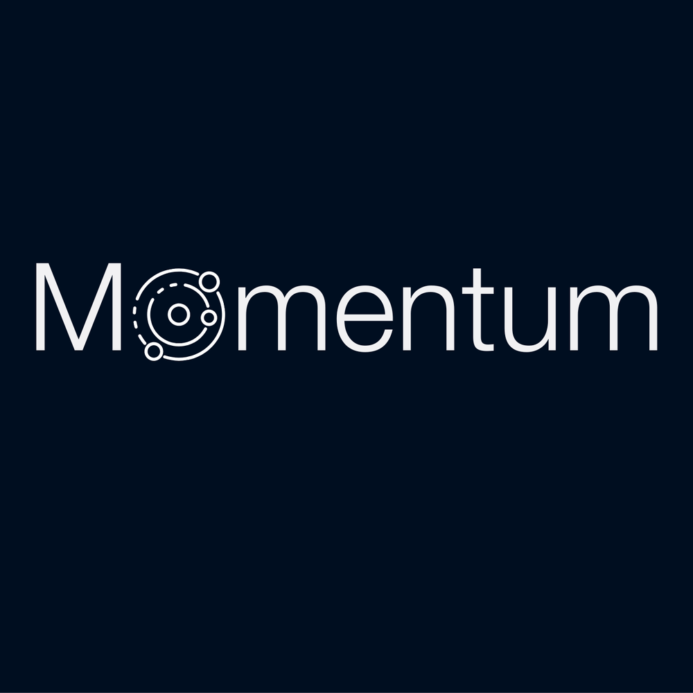 The momentum logo is white on a dark blue background.