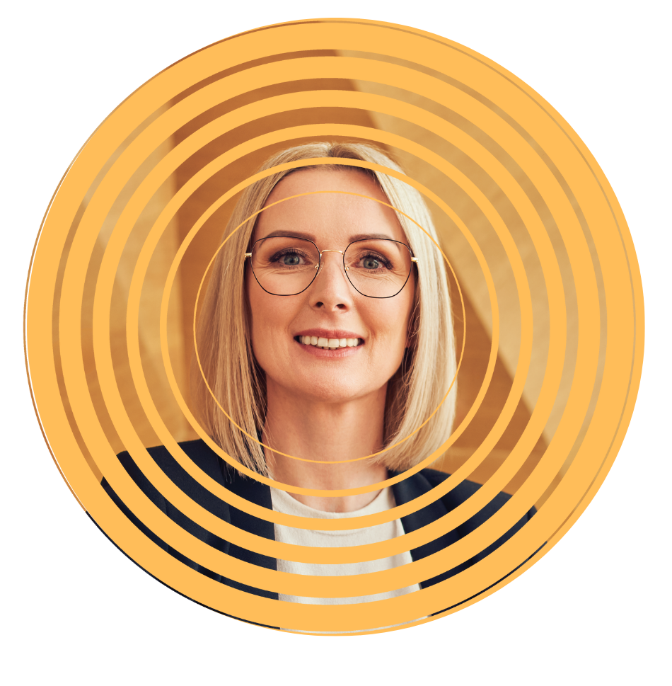 A woman wearing glasses is smiling in a yellow circle.