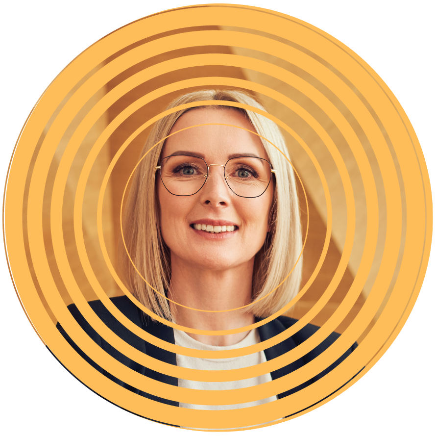 A woman wearing glasses is smiling in a yellow circle.