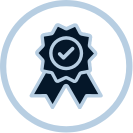 An icon of a ribbon with a check mark on it in a circle.