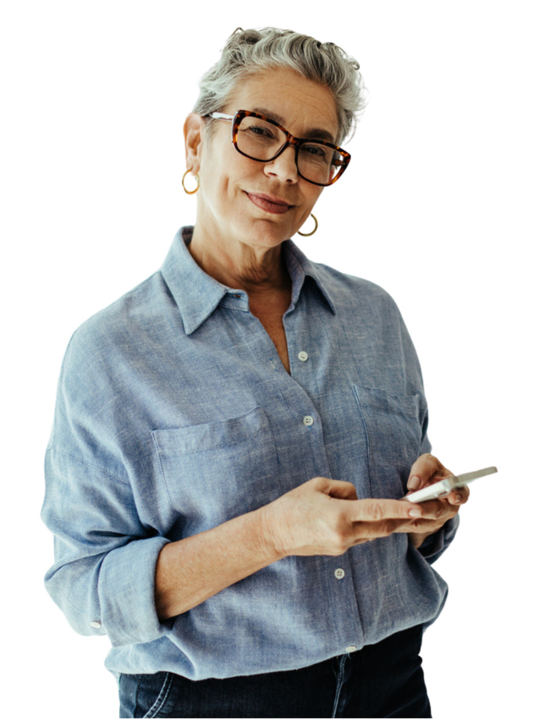 A woman wearing glasses and a blue shirt is holding a cell phone.