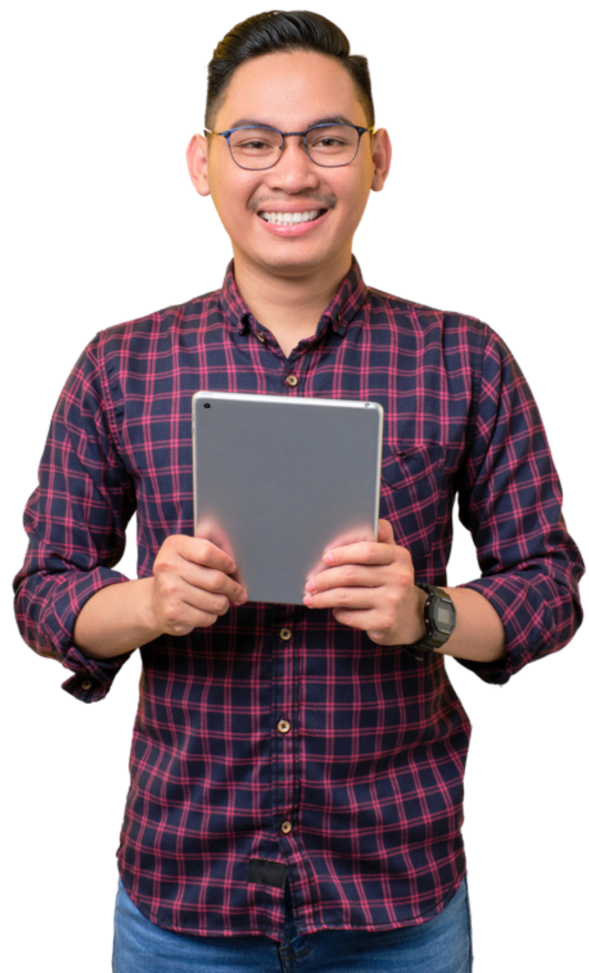 A man in a plaid shirt is holding a tablet computer.