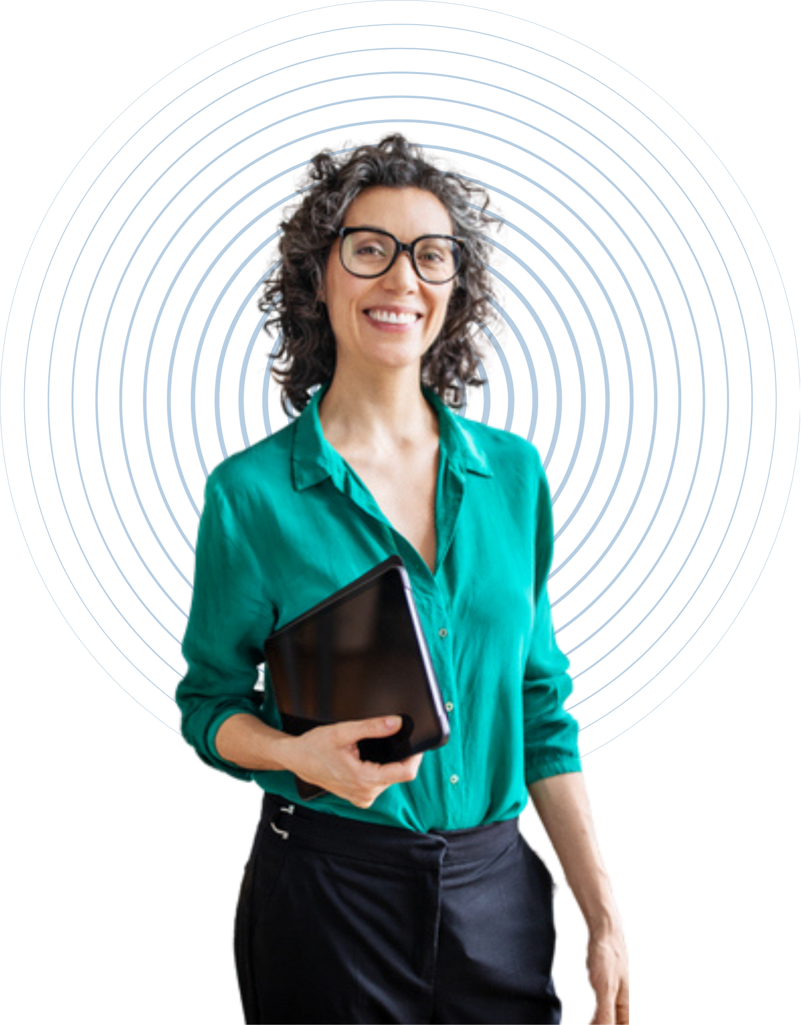 A woman in a green shirt is holding a laptop and smiling.