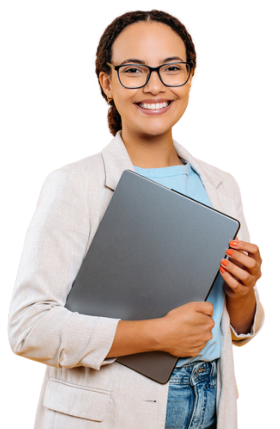 A woman wearing glasses is holding a laptop and smiling.