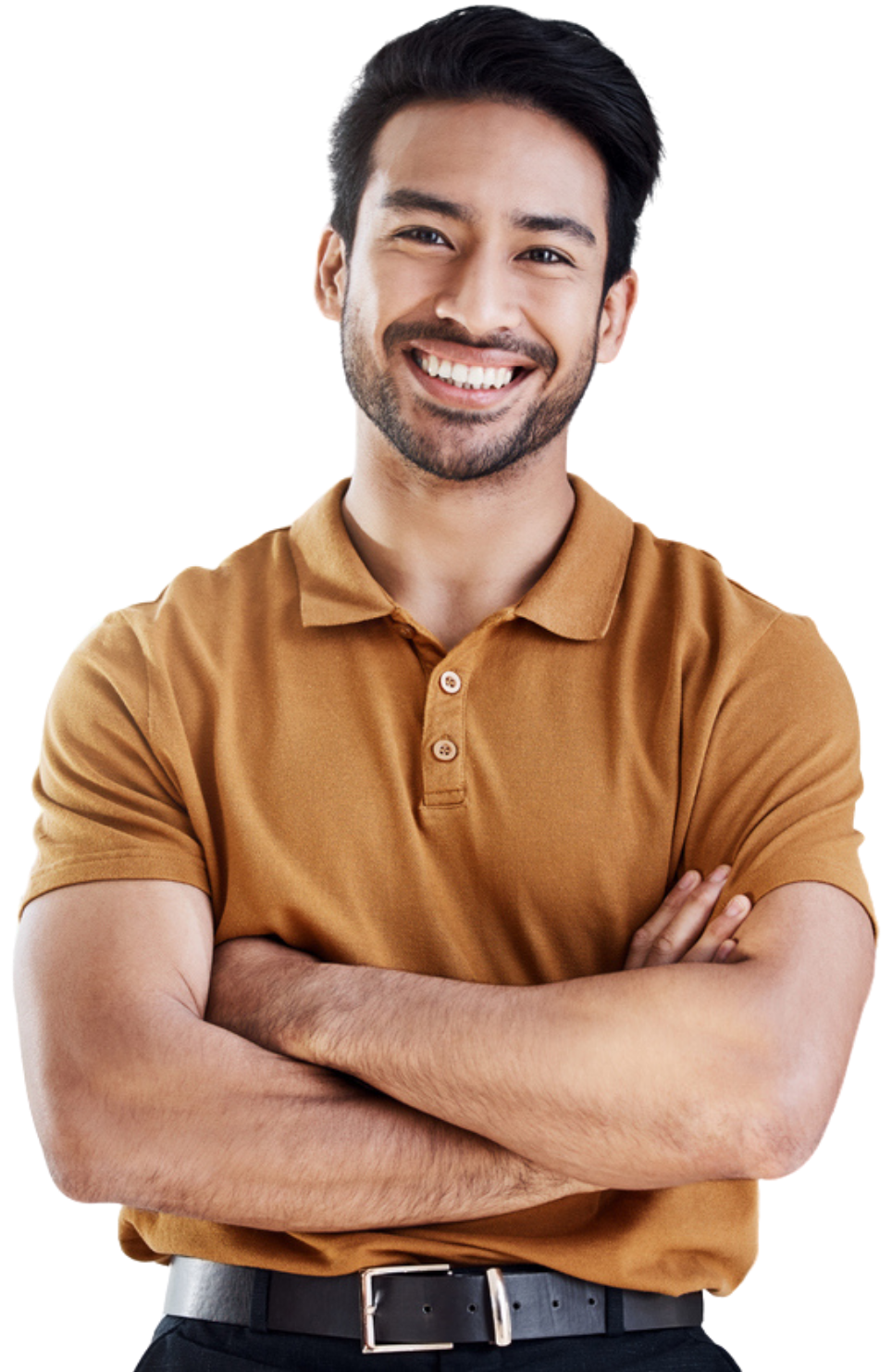 A man in a brown polo shirt is smiling with his arms crossed.