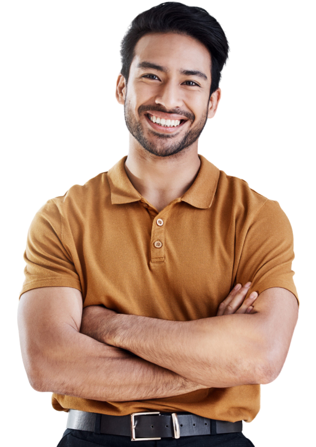 A man in a brown polo shirt is smiling with his arms crossed.