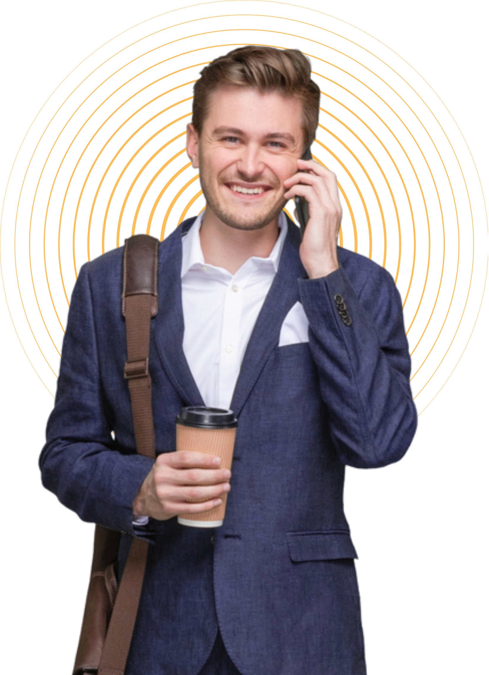 A man in a suit is talking on a cell phone while holding a cup of coffee.