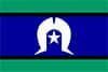 A blue and green flag with a white horseshoe and a star on it.