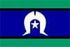 A blue and green flag with a white horseshoe and a star on it.