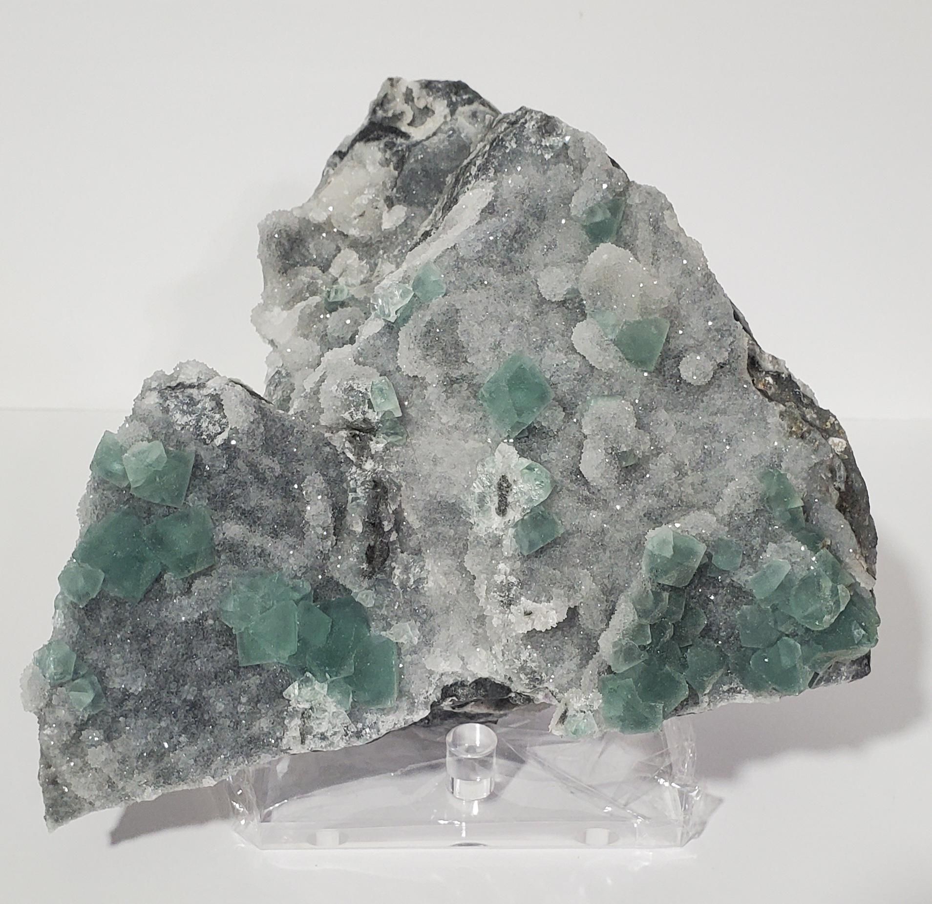 Green Octahedral Fluorite on sparkling chalcedony, Inner Mongolia, China 1kg 236g (2 lb. 11.6oz)