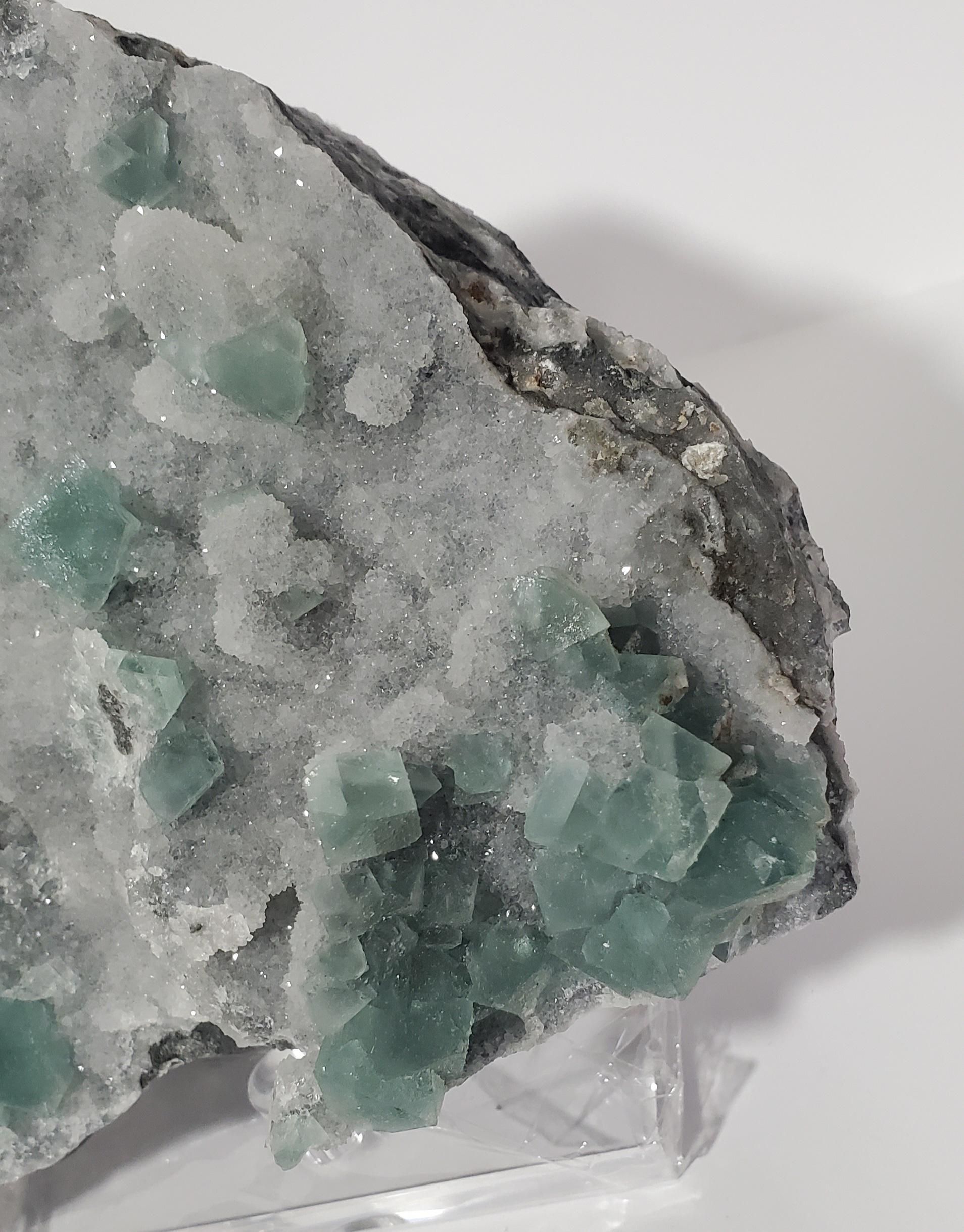 Green Octahedral Fluorite on sparkling chalcedony, Inner Mongolia, China 1kg 236g (2 lb. 11.6oz)
