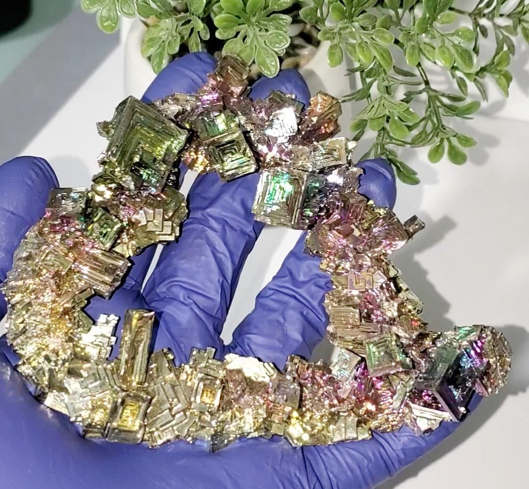 Iridescent Bismuth Crystal Heart Cluster: Titanium Luster, 266g