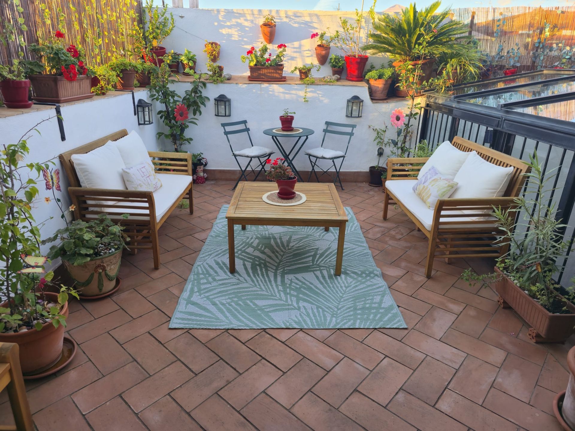 Patio en la azotea con asientos, plantas y alfombra. Muebles de exterior, suelo de ladrillo y pared blanca.
