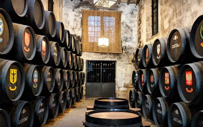 Barriles de vino apilados en una bodega poco iluminada, filas que conducen a una puerta y una ventana distantes.