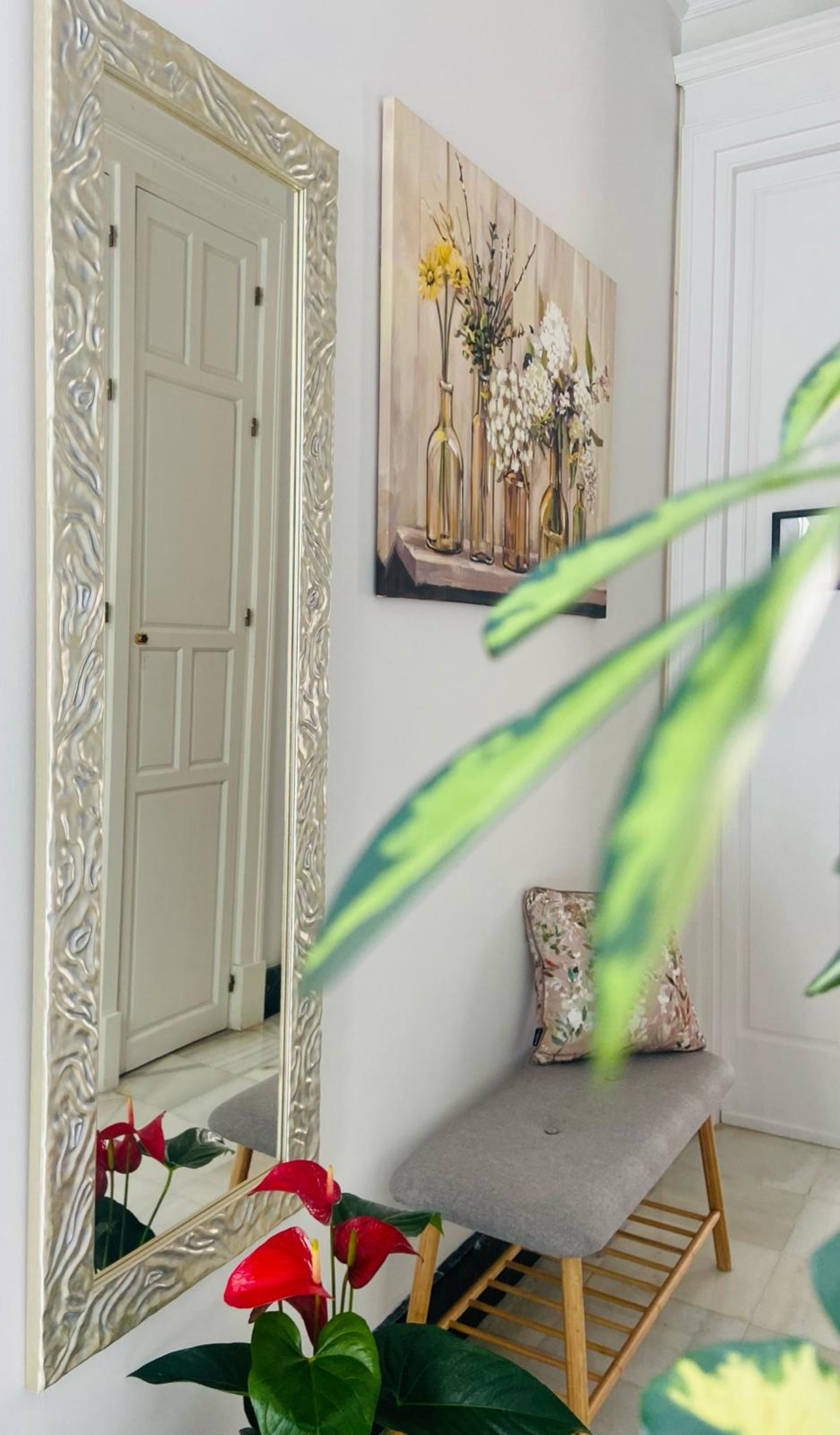 El espejo refleja una puerta blanca, junto a obras de arte, un banco y plantas en la entrada.