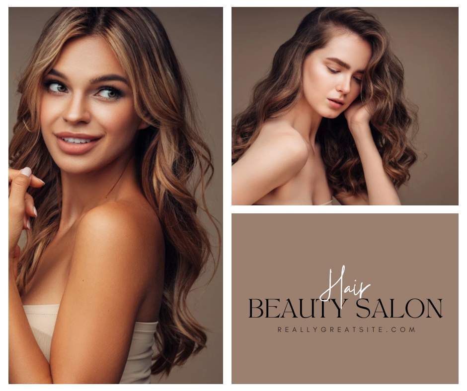 Collage van vrouwen met golvend, bruin haar. Inclusief salonlogo.