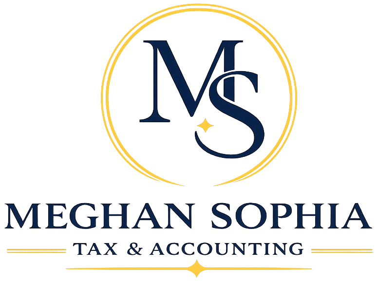 Logo for Meghan Sophia Tax & Accounting: blue circle with name in cursive,