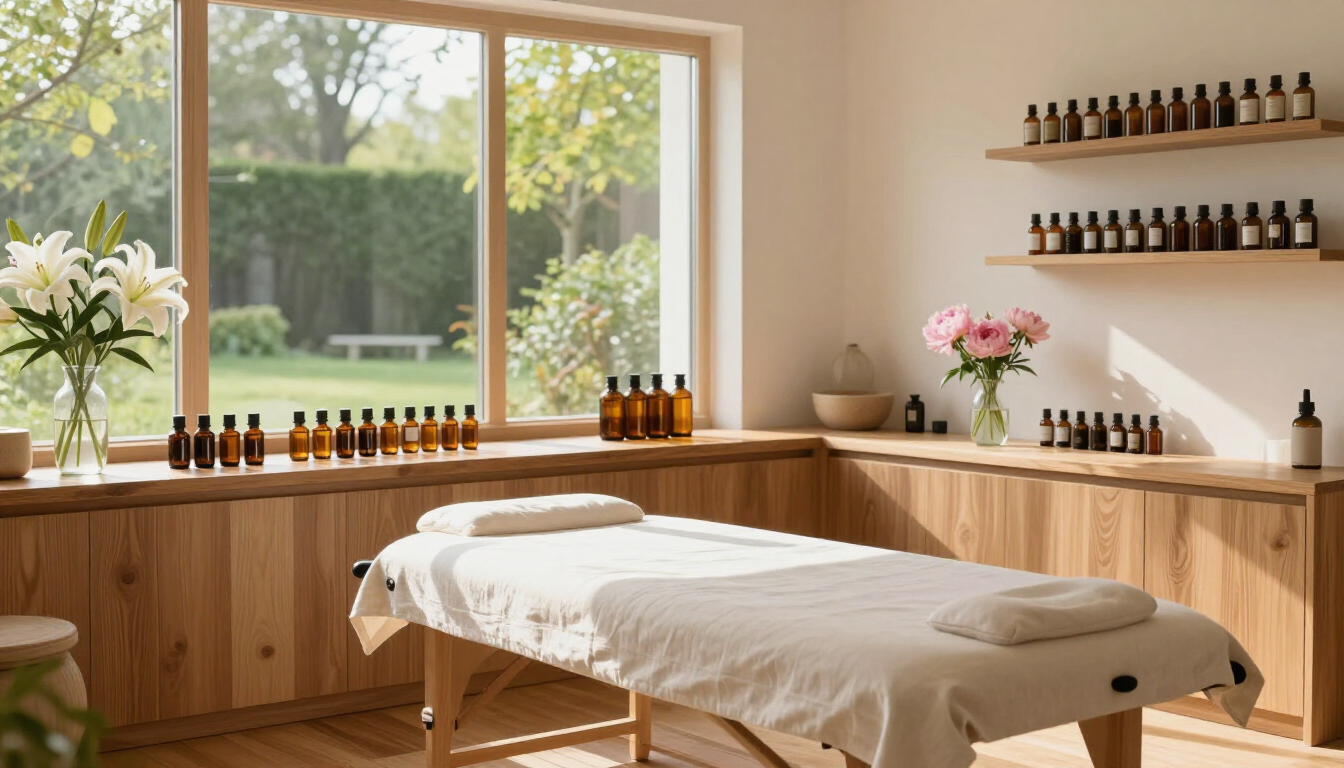 A peaceful aromatherapy setup with spring flowers and essential oils in natural light.