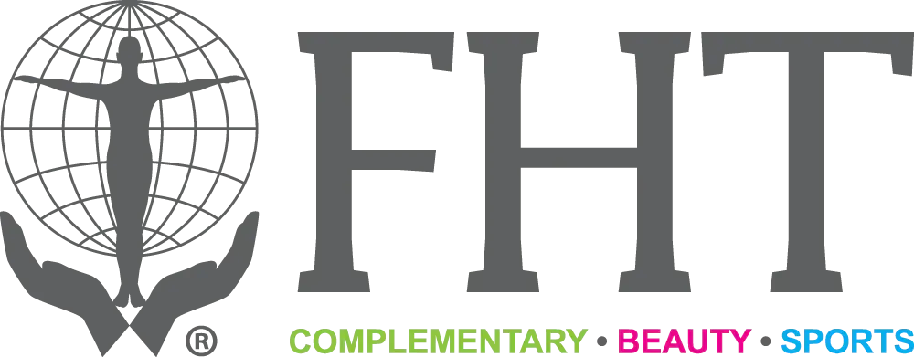 Logo with a person inside a globe held by hands, and the letters FHT, with 