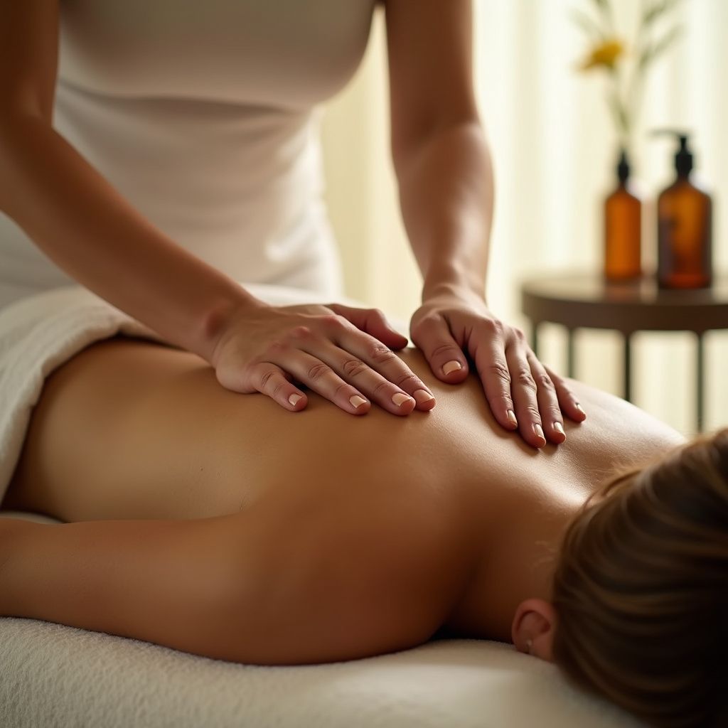 Woman receiving a back massage at a spa; hands on back.
