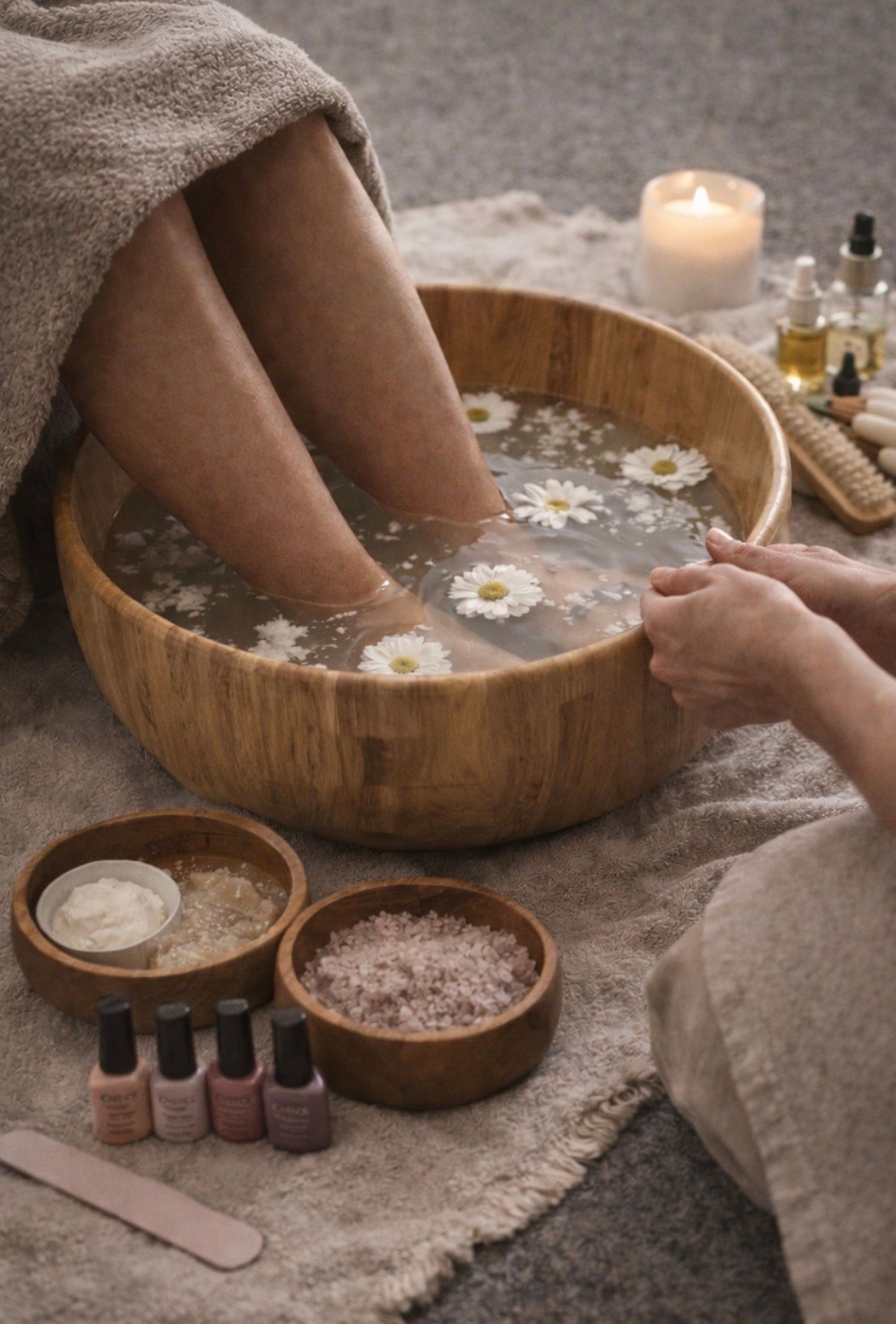 Woman receiving massage with oil, surrounded by lights and flowers.