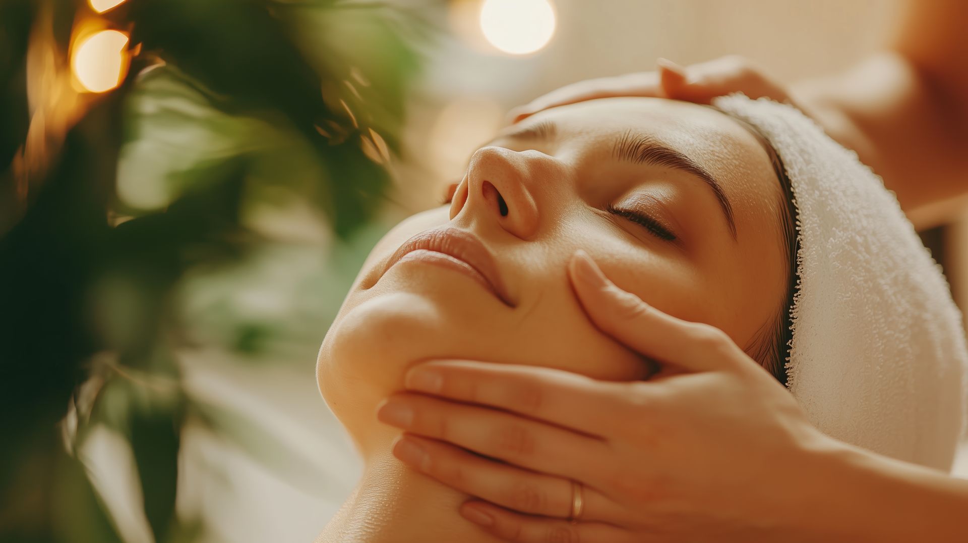 Woman receiving a facial massage at a spa; hands gently pressed on her face, eyes closed.