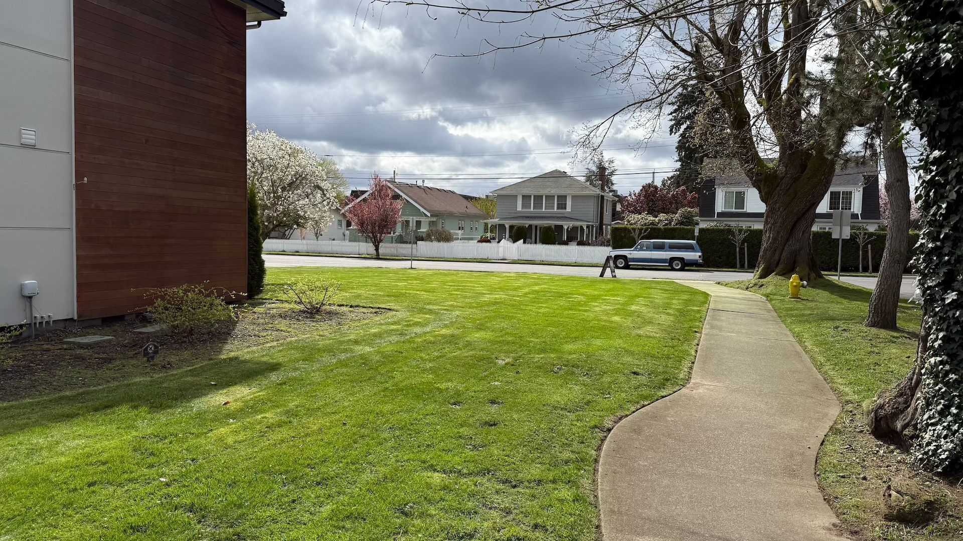Green lawn with sidewalk leading toward houses on a sunny day.