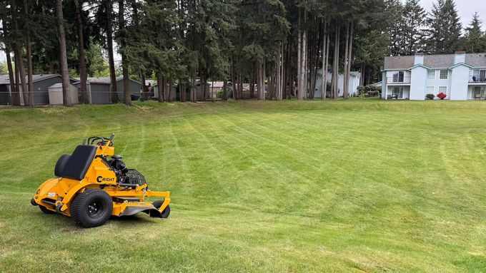 Yellow mower cutting grass in a large yard.