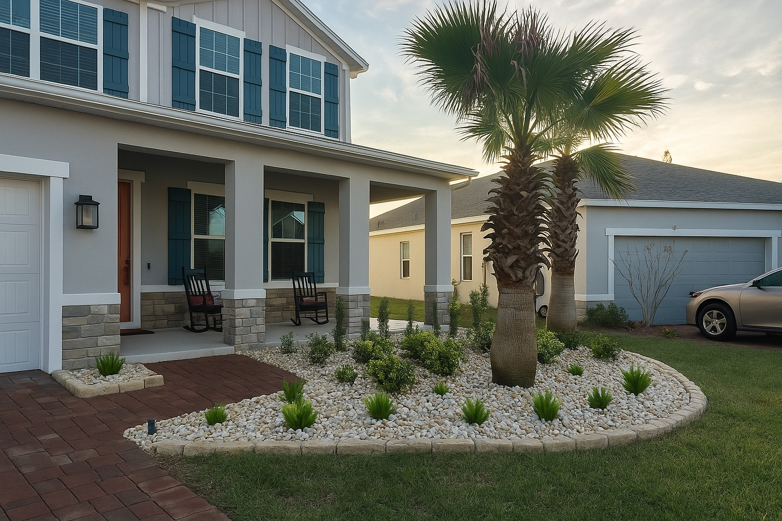 A gray two-story house with blue shutters, a rock garden with palm trees, and a brick walkway under a sunset sky.