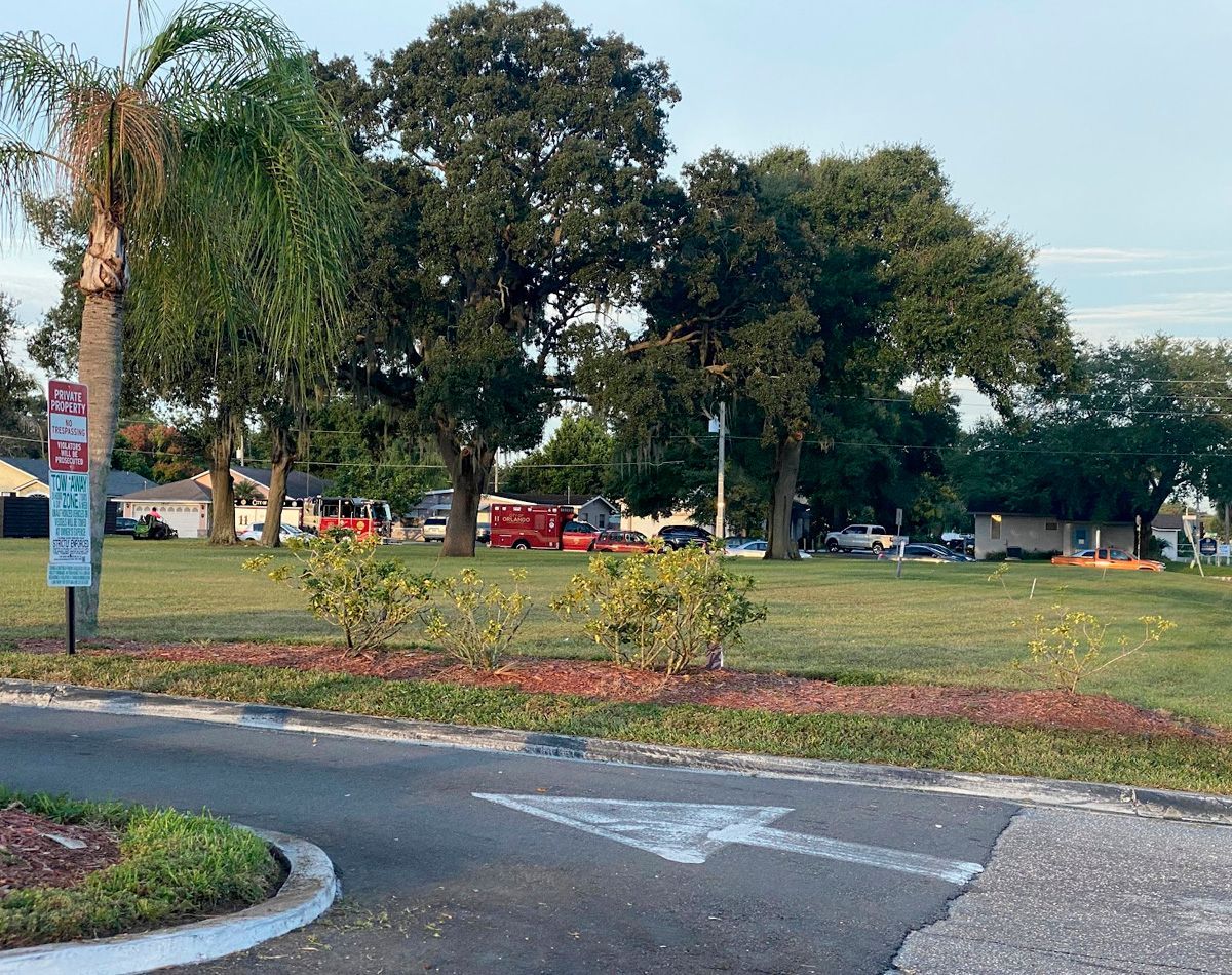 Grassy park with trees, red truck, and bushes. White arrow painted on asphalt points left.