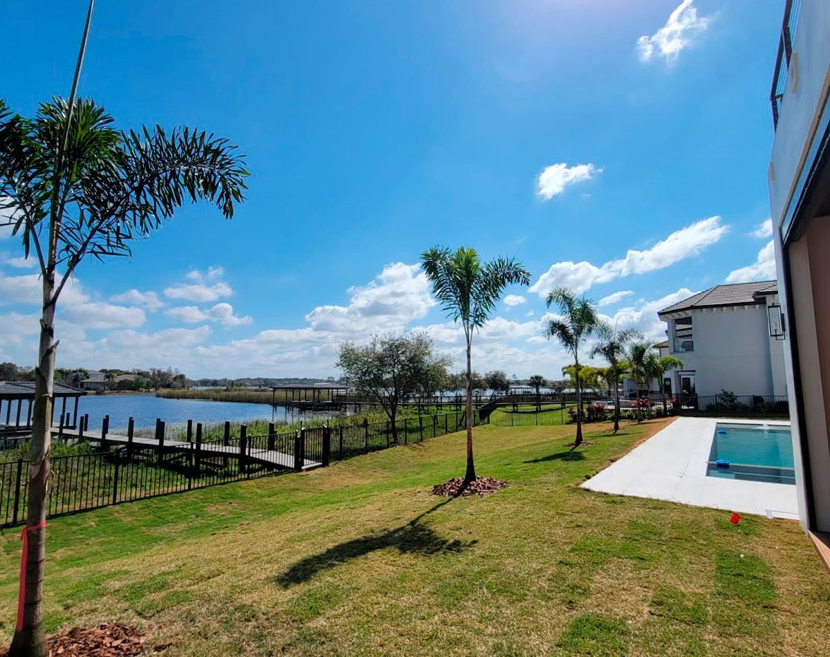 Lawn with young trees, a dock on a lake, a pool and a white house on a sunny day with blue sky.